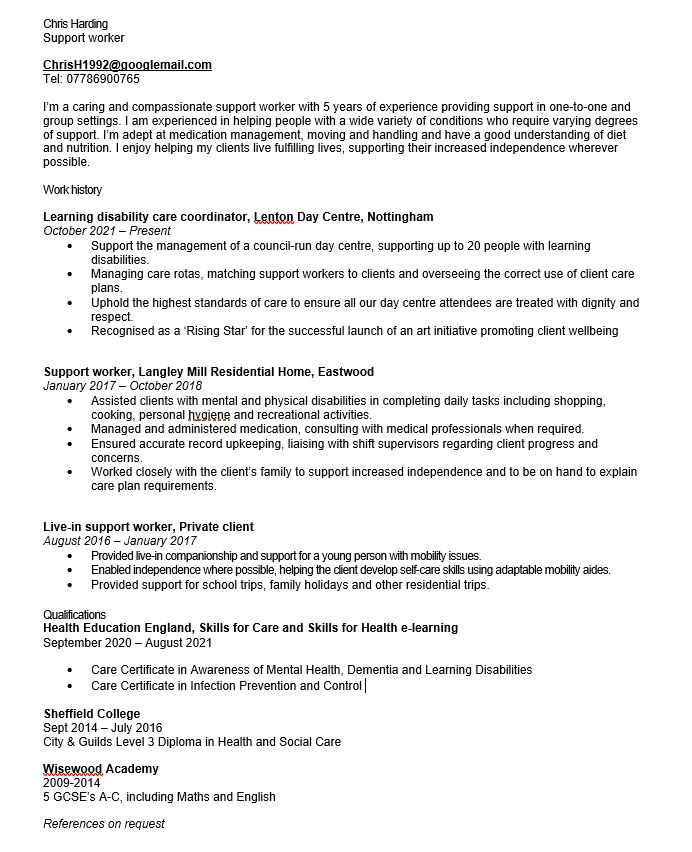 Support worker CV example and 10 writing tips